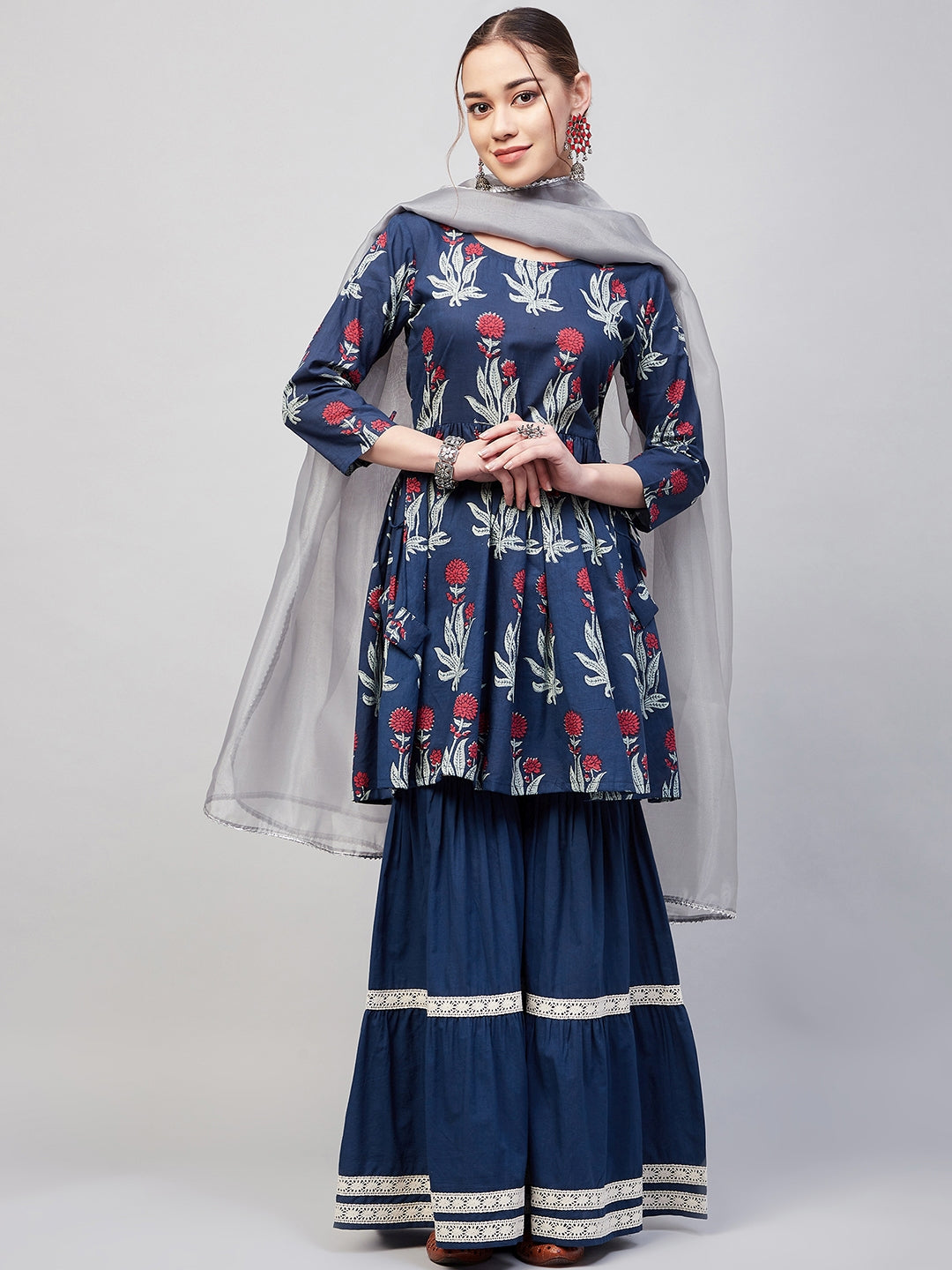 InWeave Women's Indigo Boota Sharara Set With Grey Or Dupatta - Distacart