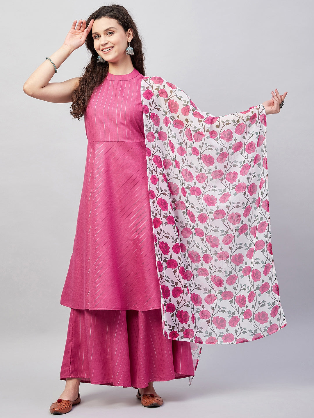 InWeave Women's Fuchsia Lurex Boho Kurta Set W White Fuchsia Ge Dupatta - Distacart