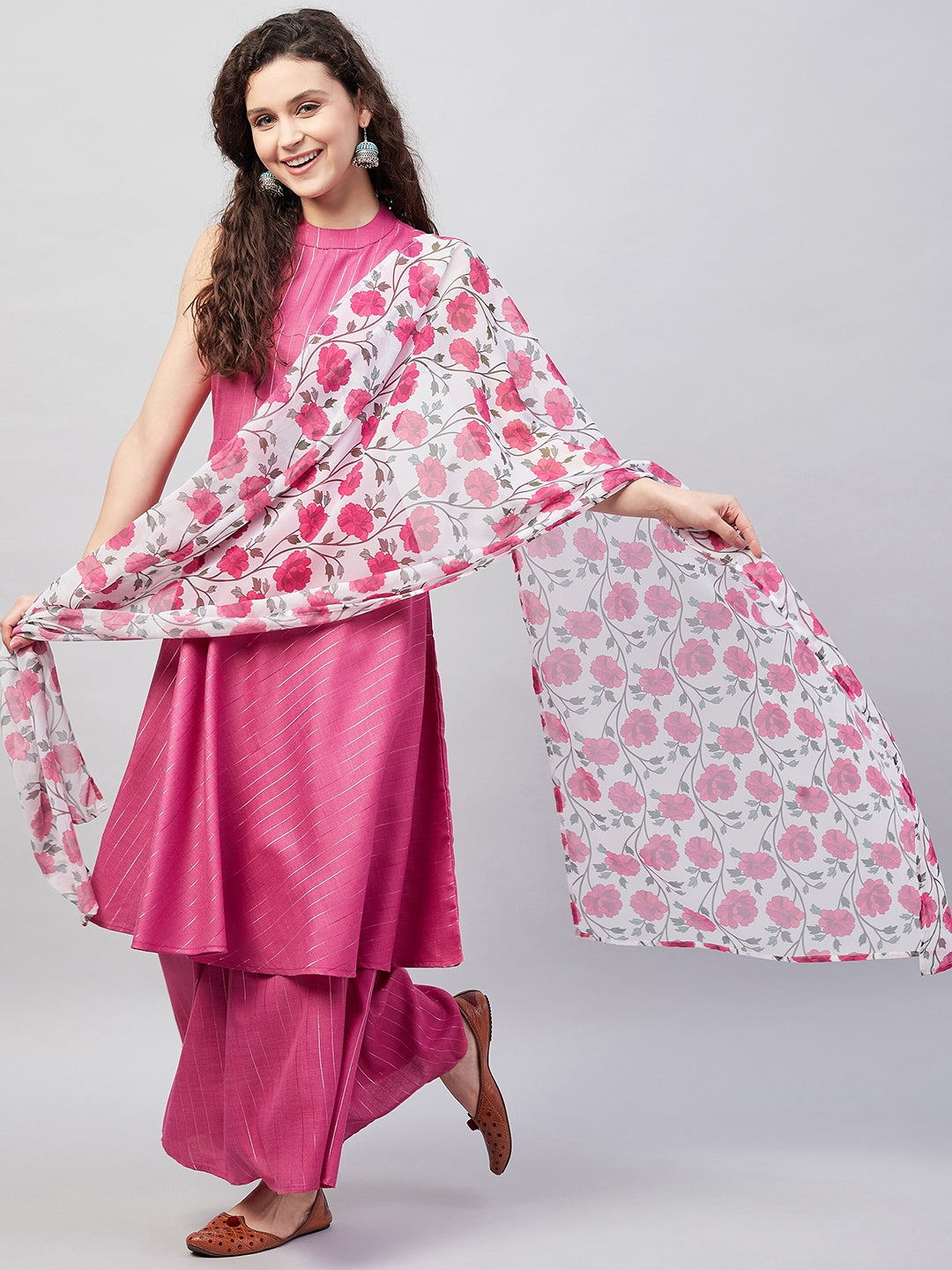 InWeave Women's Fuchsia Lurex Boho Kurta Set W White Fuchsia Ge Dupatta - Distacart