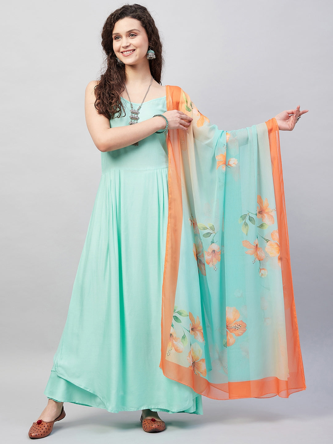 InWeave Women's Sky Blue Strappy Set W Aqua Orange Ge Dupatta - Distacart