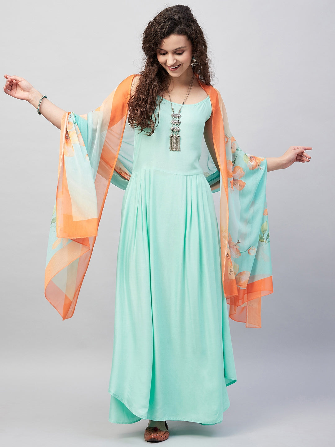 InWeave Women's Sky Blue Strappy Set W Aqua Orange Ge Dupatta - Distacart