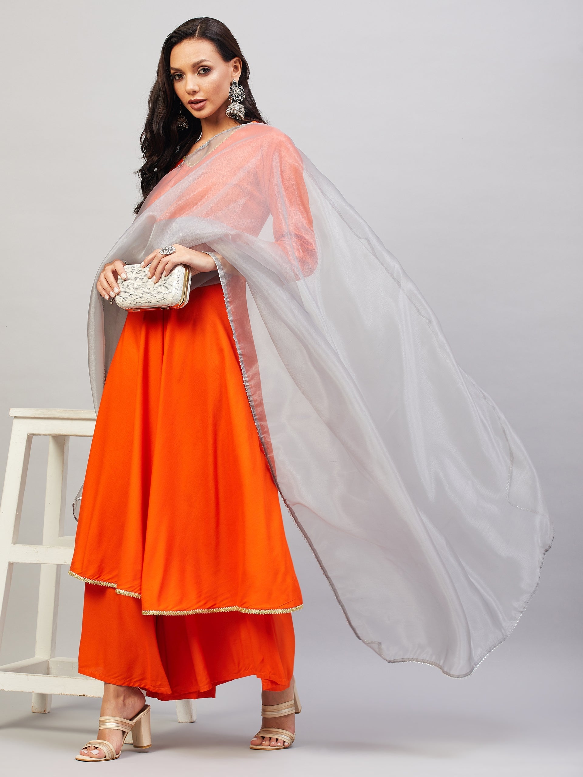 InWeave Women's Orange Gota Long Kurta Set W Grey Gota Or Dupatta - Distacart