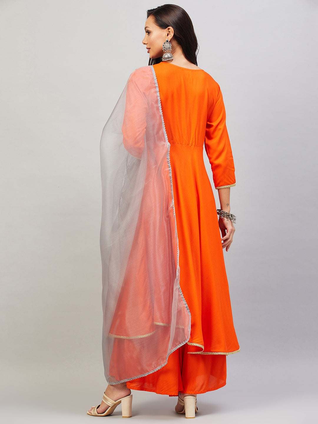 InWeave Women's Orange Gota Long Kurta Set W Grey Gota Or Dupatta - Distacart