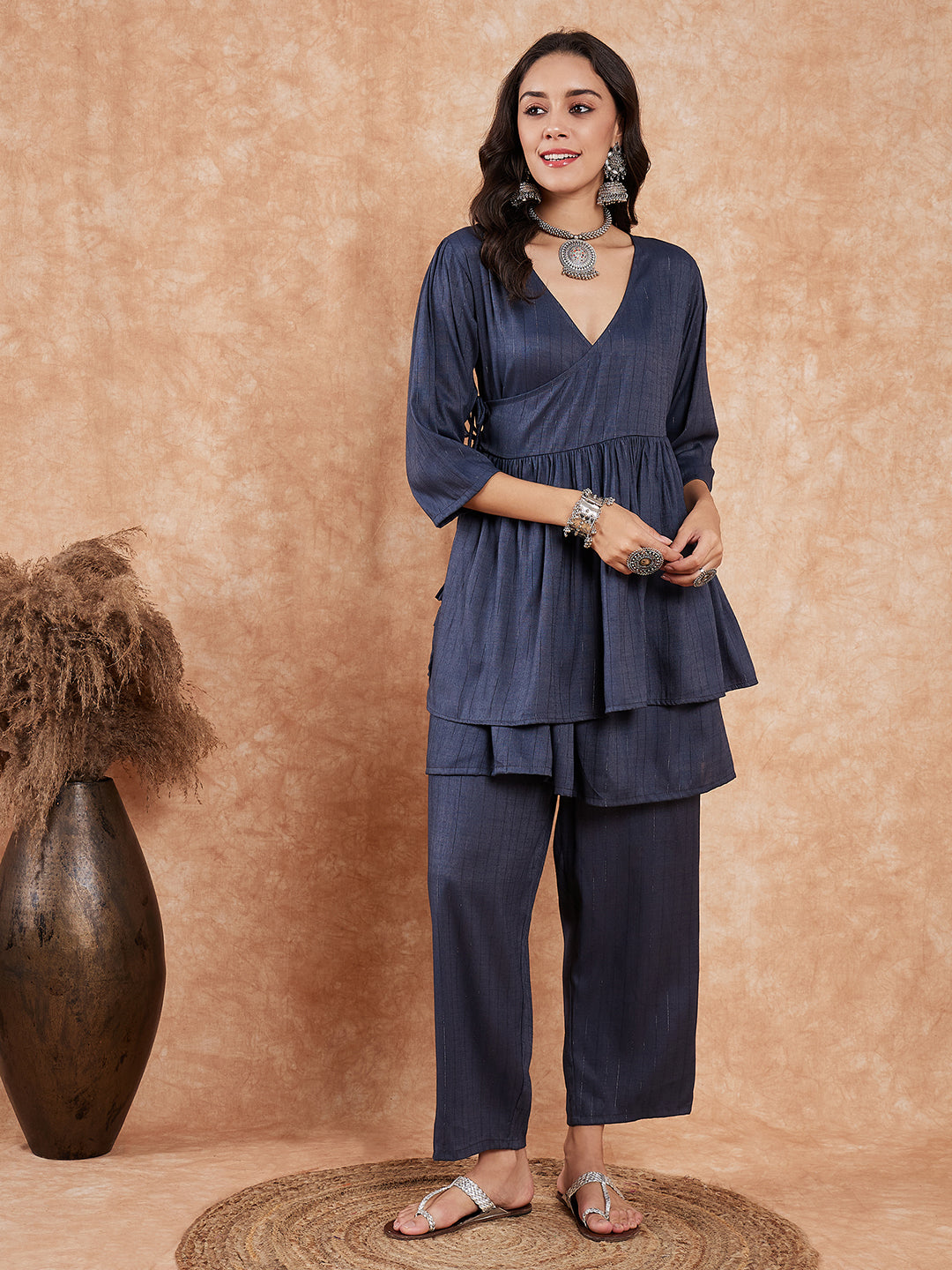 InWeave Women's Dark Teal Lurex High Low Angrakha Tie Up Kurta Set - Distacart