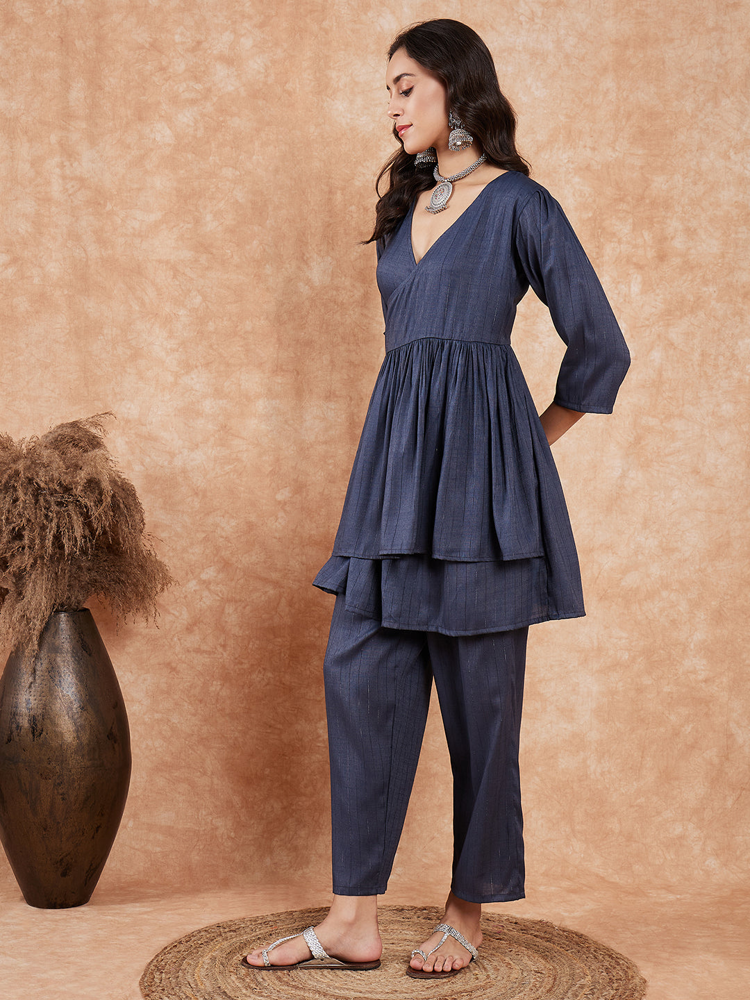 InWeave Women's Dark Teal Lurex High Low Angrakha Tie Up Kurta Set - Distacart