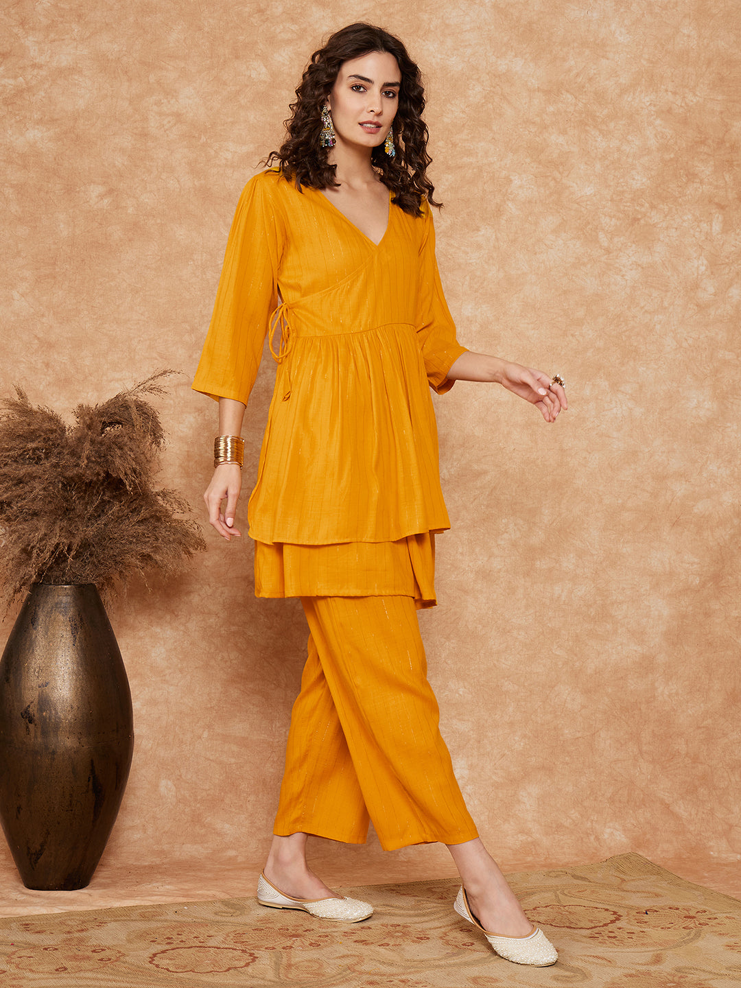 InWeave Women's Mustrad Lurex High Low Angrakha Tie Up Kurta Set - Distacart