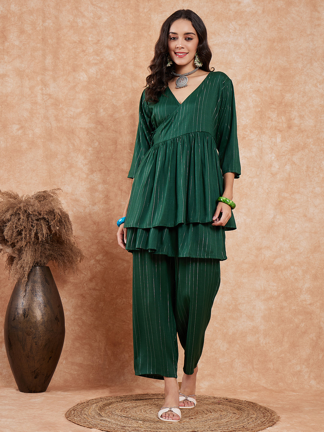 InWeave Women's Pine Green Lurex High Low Angrakha Tie Up Kurta Set - Distacart