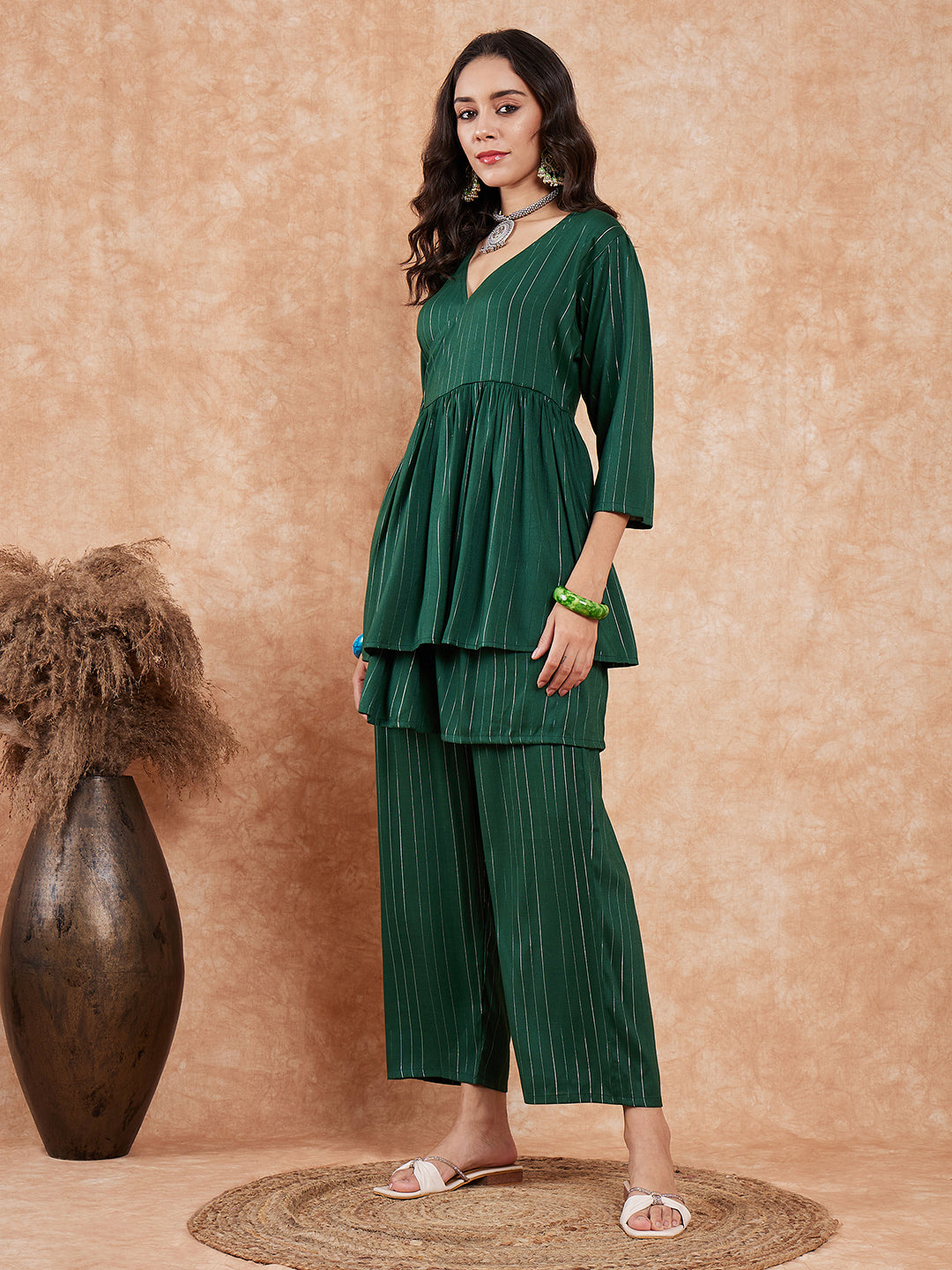 InWeave Women's Pine Green Lurex High Low Angrakha Tie Up Kurta Set - Distacart