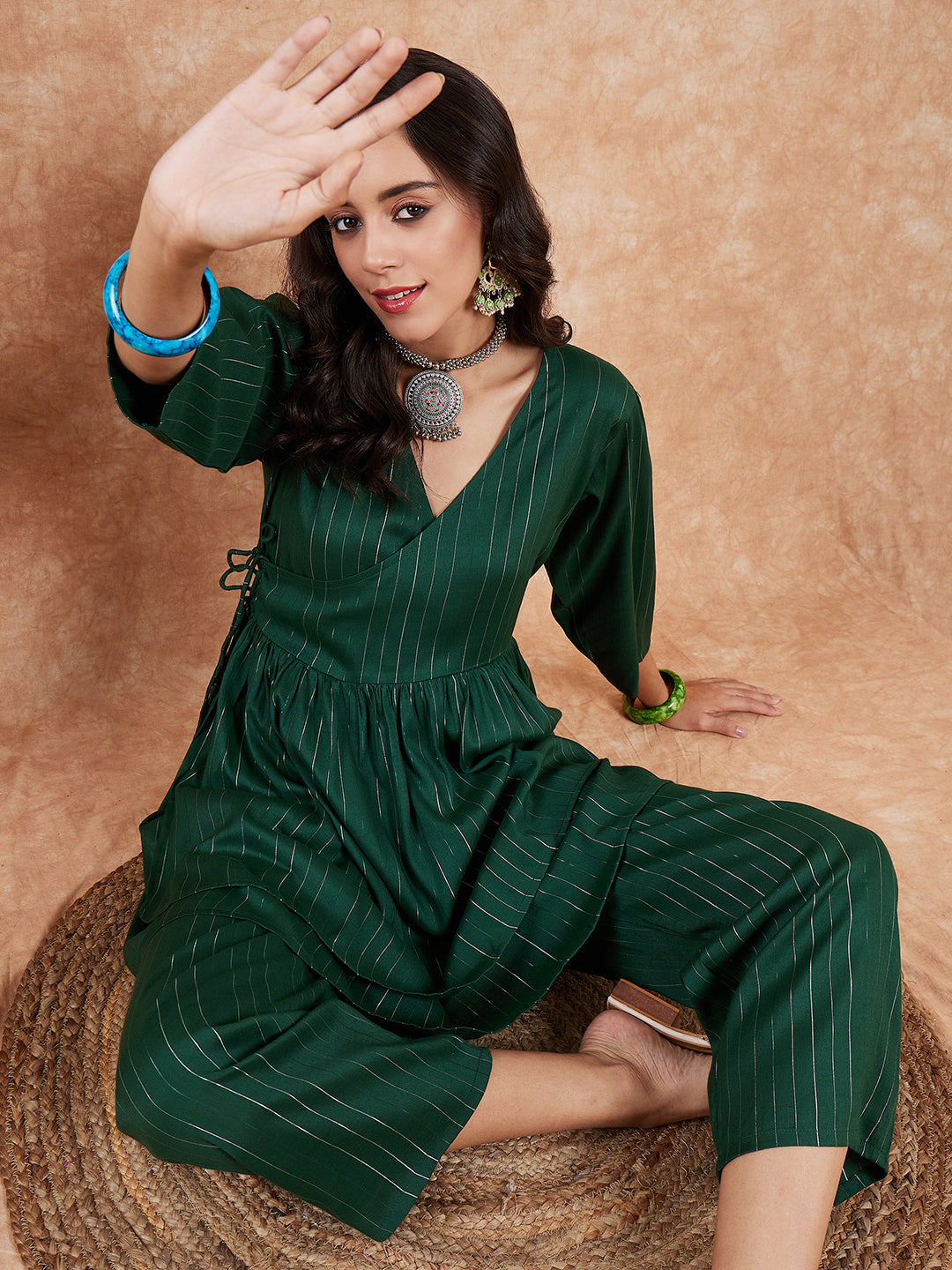 InWeave Women's Pine Green Lurex High Low Angrakha Tie Up Kurta Set - Distacart