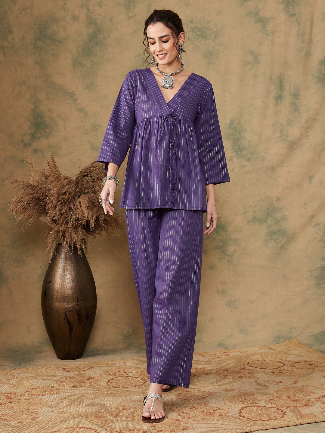 InWeave Women's Purple Lurex V Neck Front Tie Up Kurta Pant Set - Distacart