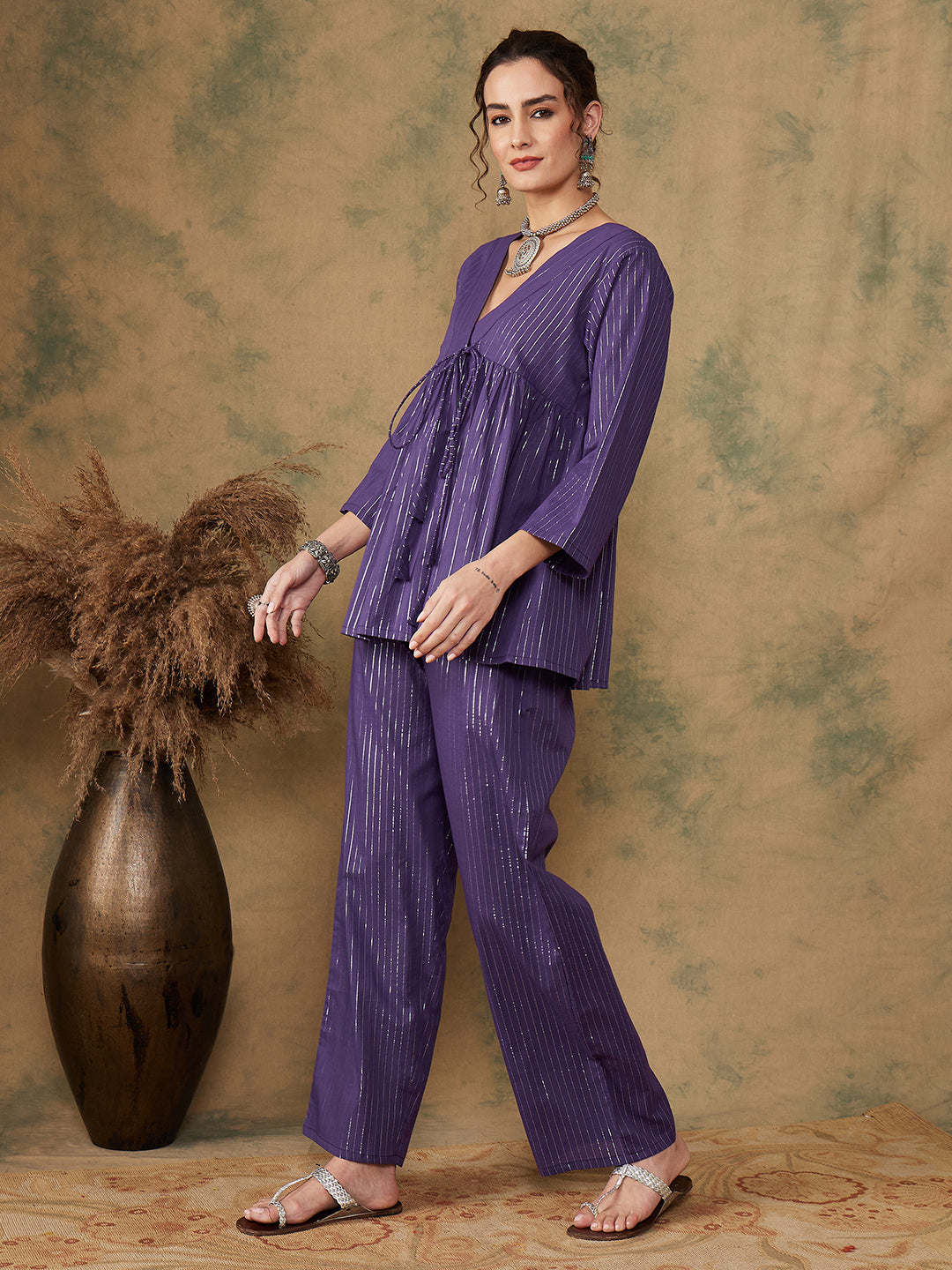 InWeave Women's Purple Lurex V Neck Front Tie Up Kurta Pant Set - Distacart