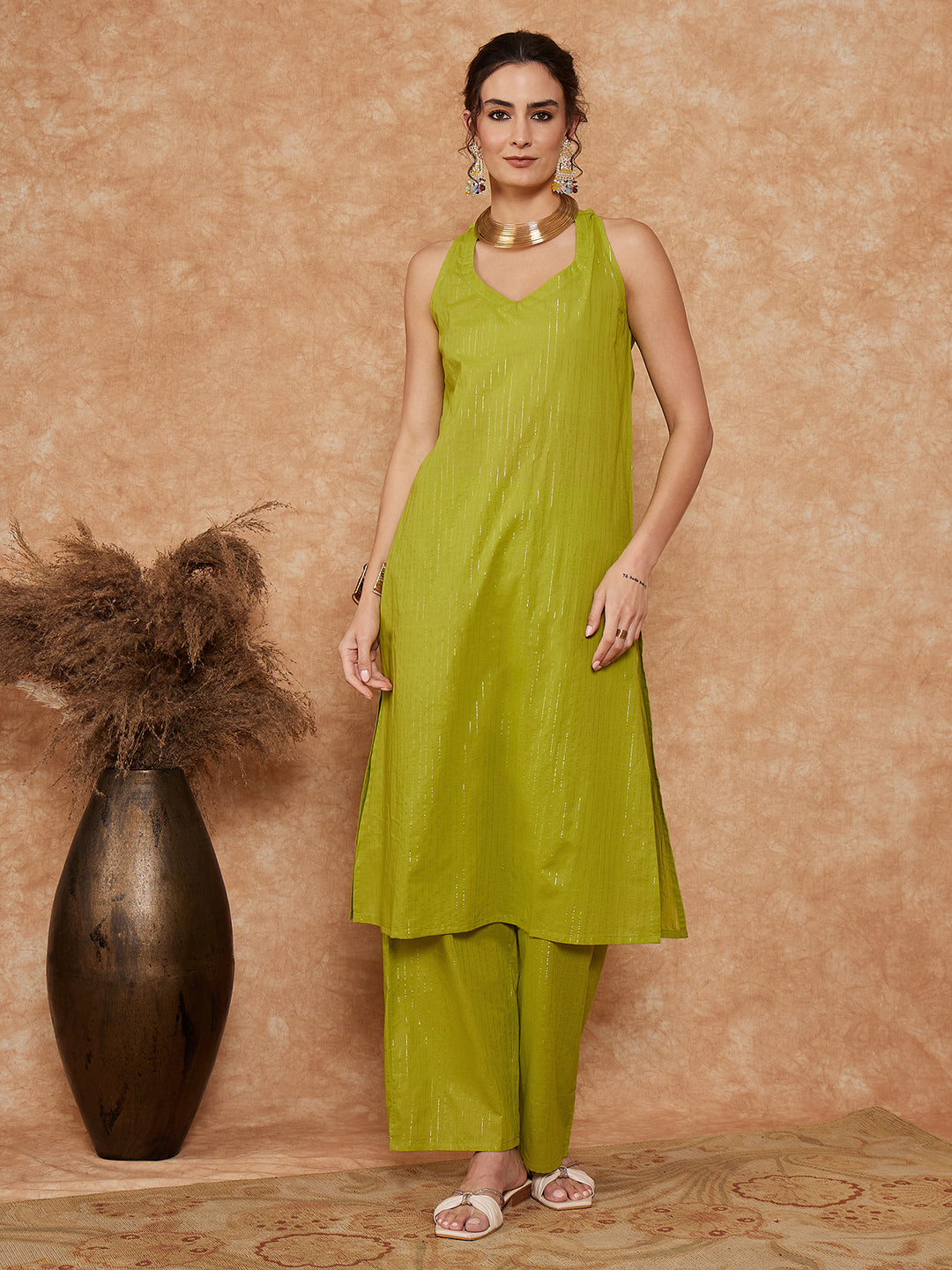 InWeave Women's Lime Green Lurex Neck Patti Halter Kurta Pant Set - Distacart