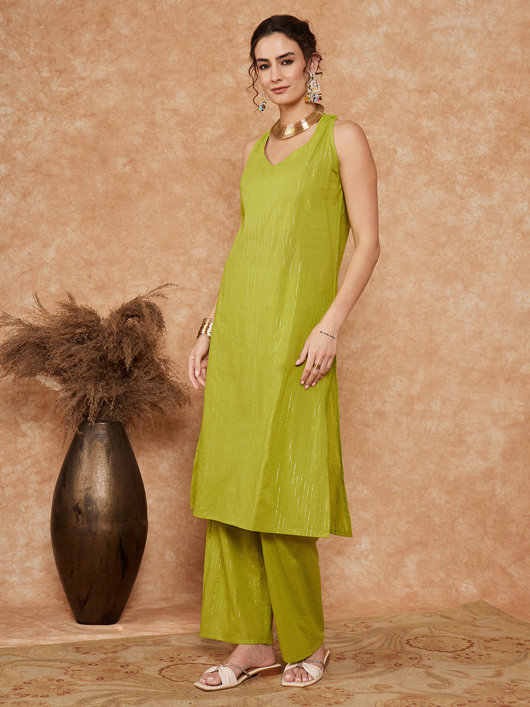 InWeave Women's Lime Green Lurex Neck Patti Halter Kurta Pant Set - Distacart