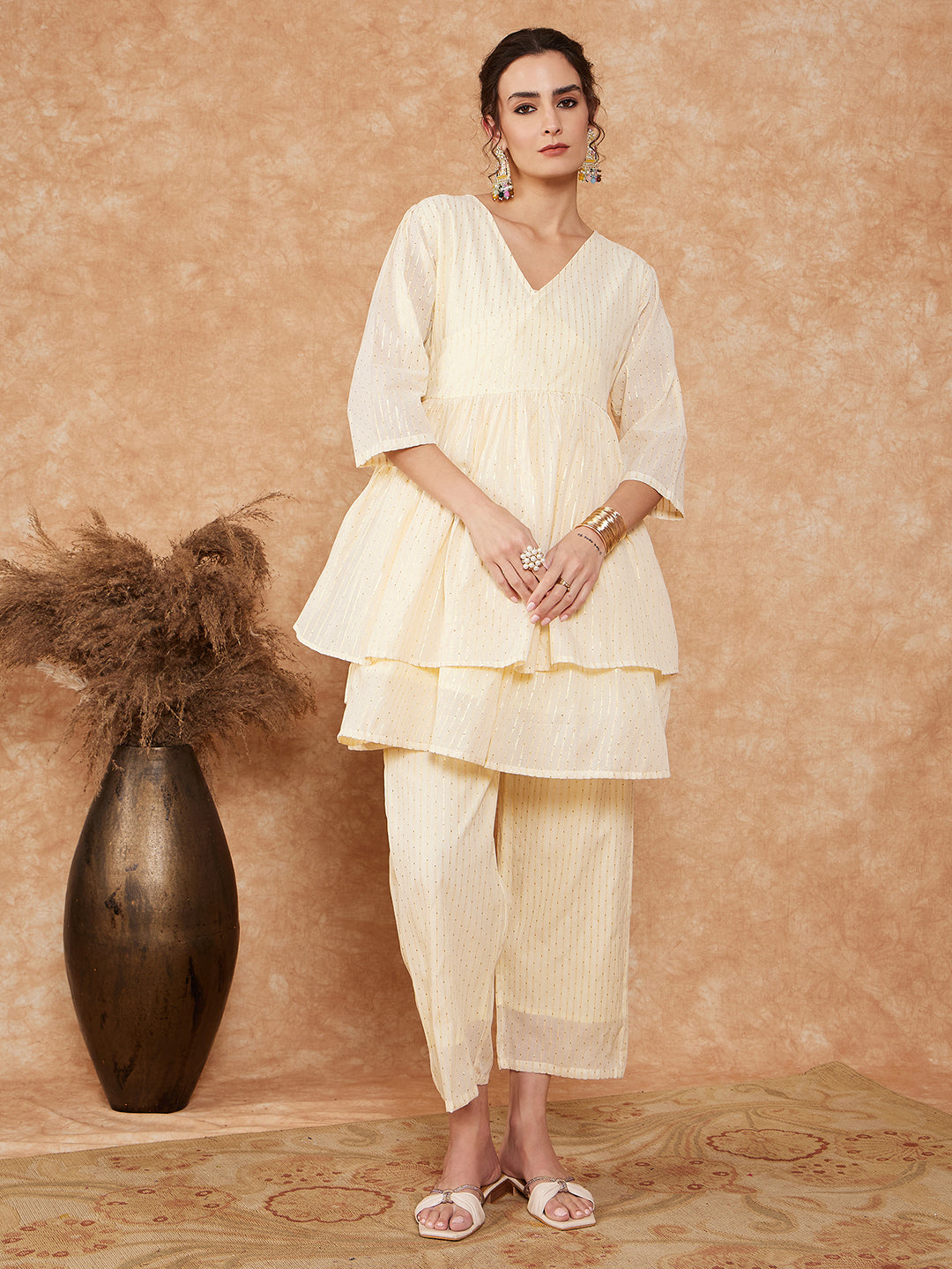 InWeave Women's White Gold Lurex High Low Angrakha Tie Up Kurta Set - Distacart