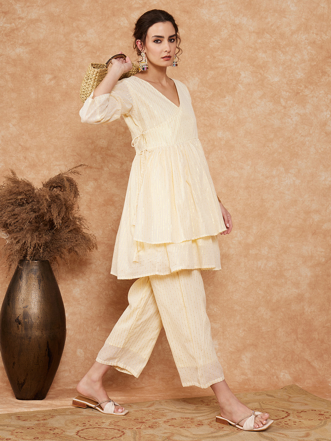 InWeave Women's White Gold Lurex High Low Angrakha Tie Up Kurta Set - Distacart