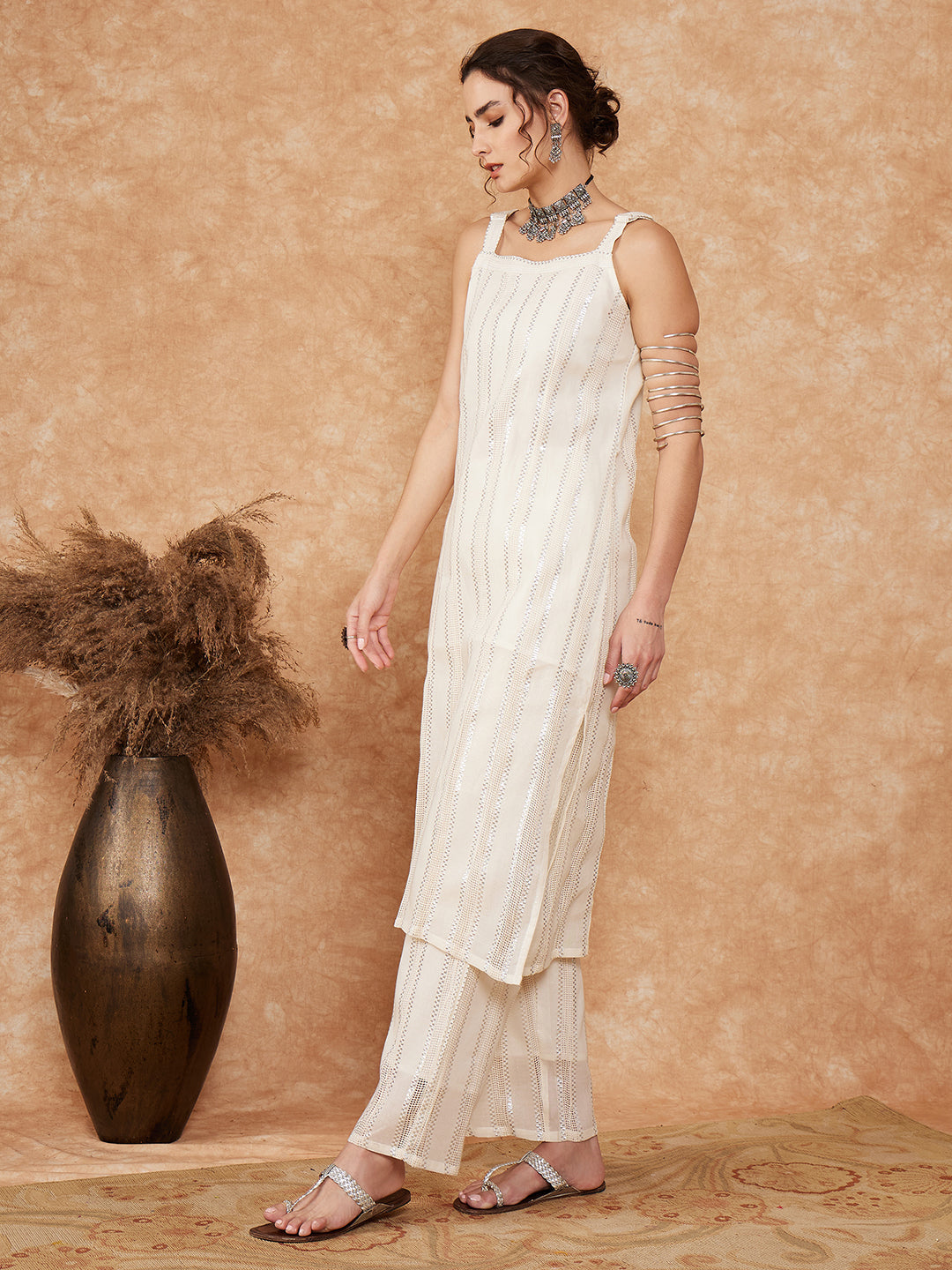 InWeave Women's White Lace Lurex Thick Strapp Straight Kurta Pant Set - Distacart