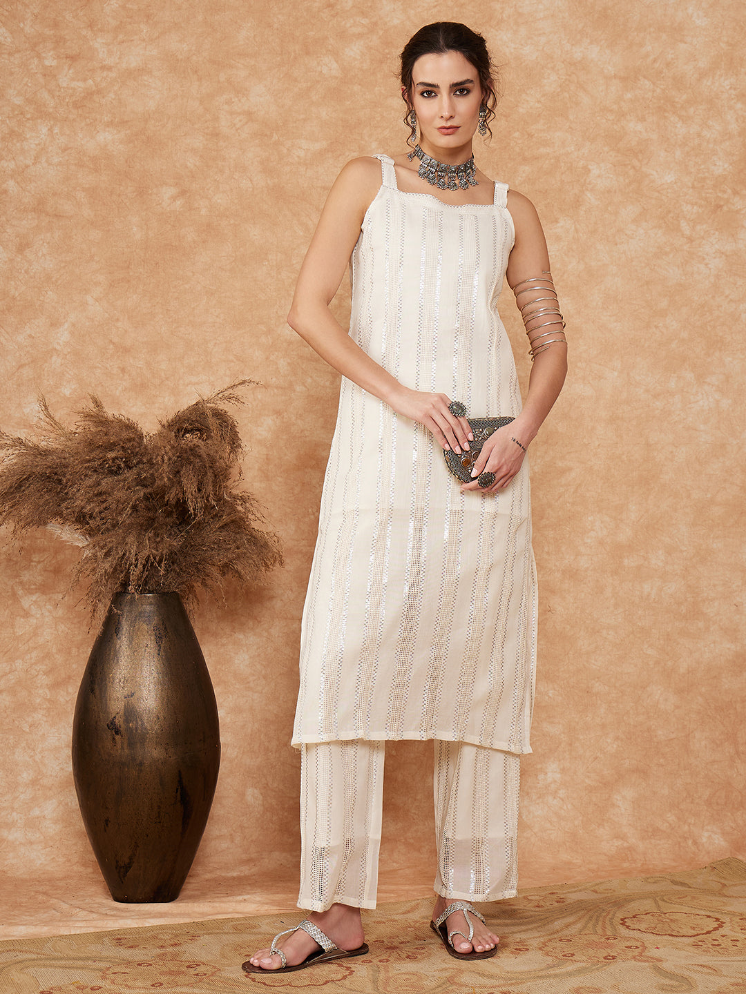 InWeave Women's White Lace Lurex Thick Strapp Straight Kurta Pant Set - Distacart