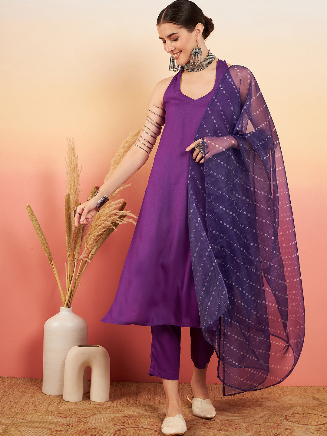 InWeave Women's Violet Neck Patti Halter Kurta Set W Violet Badhani Dupatta - Distacart