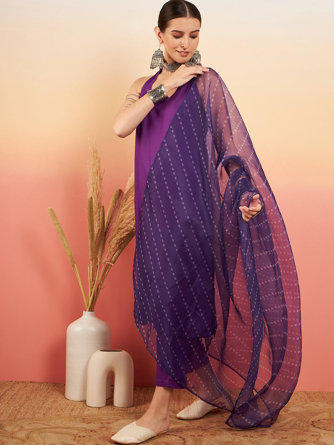 InWeave Women's Violet Neck Patti Halter Kurta Set W Violet Badhani Dupatta - Distacart