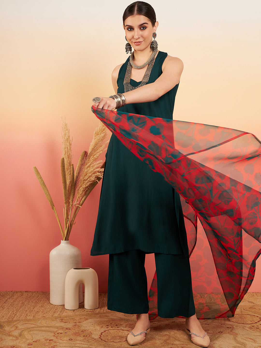 InWeave Women's Dark Green Neck Patti Halter Kurta Set Red Green Or Dupatta - Distacart