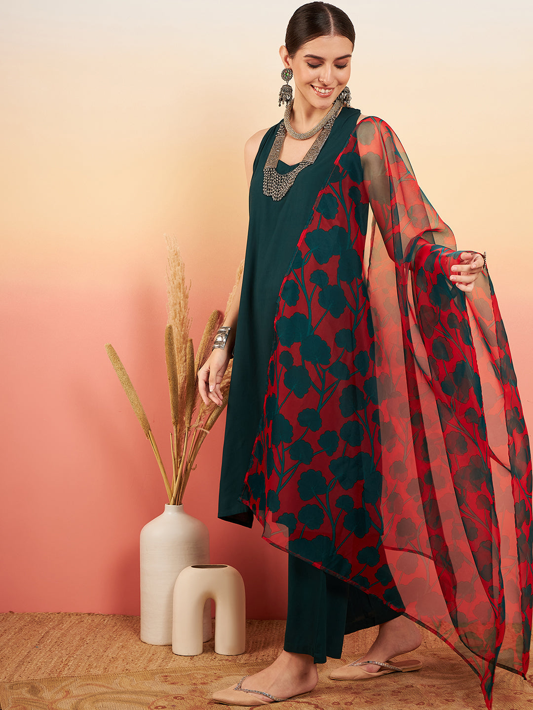 InWeave Women's Dark Green Neck Patti Halter Kurta Set Red Green Or Dupatta - Distacart