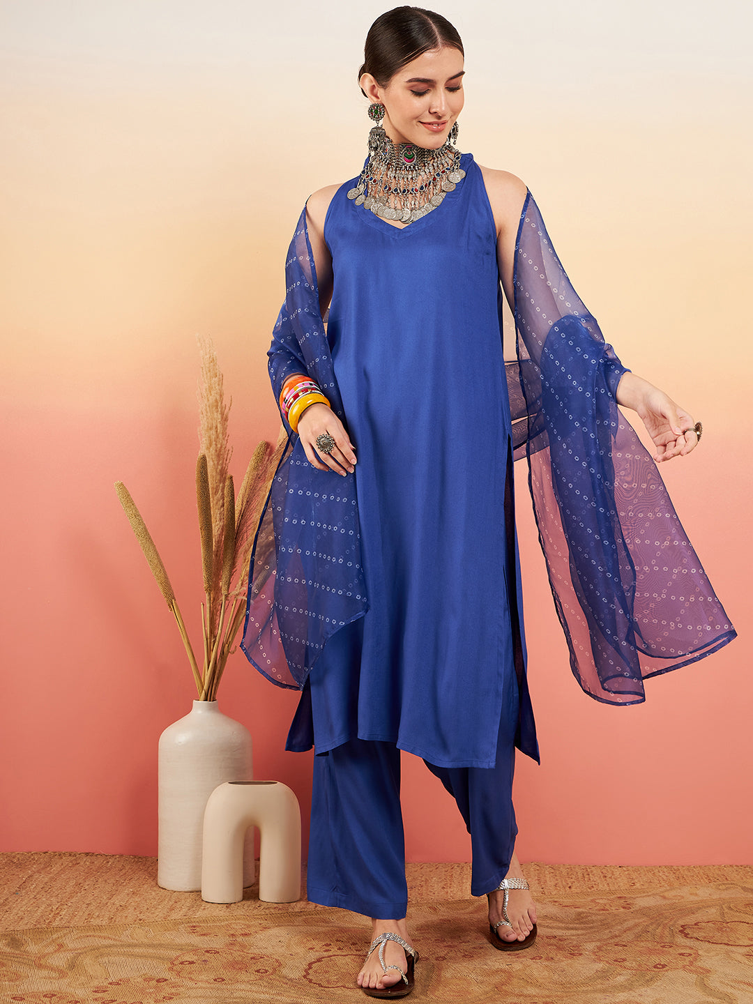 InWeave Women's Ink Blue Neck Patti Halter Kurta Set Blue Badhani Or Dupatta - Distacart