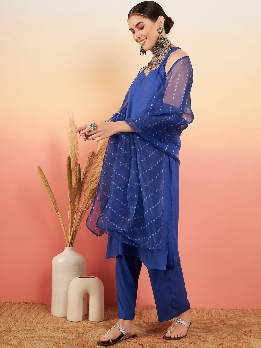 InWeave Women's Ink Blue Neck Patti Halter Kurta Set Blue Badhani Or Dupatta - Distacart