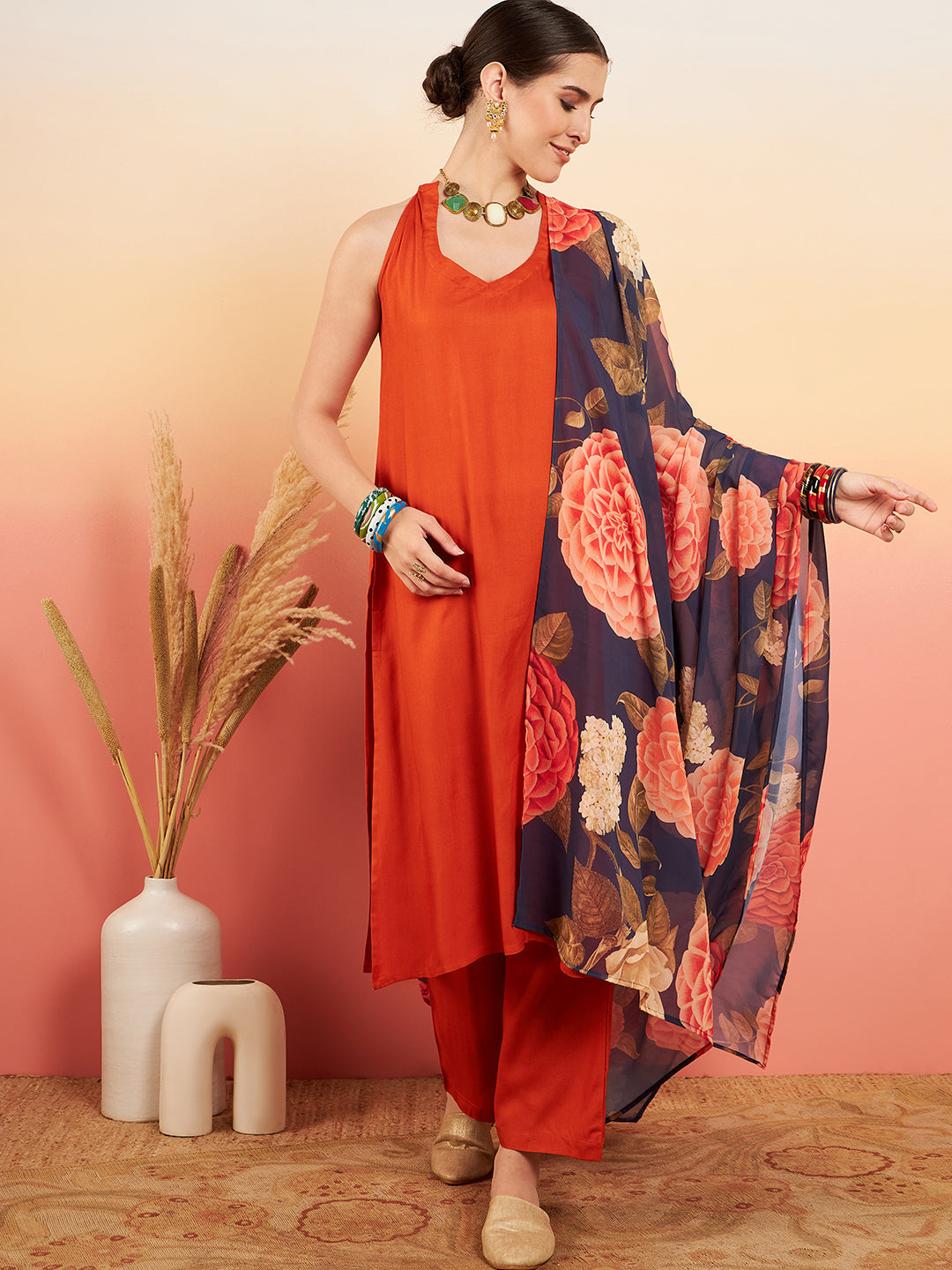 InWeave Women's Marmalade Orange Neck Patti Halter Kurta Set Navy Floral Ge Dupatta - Distacart
