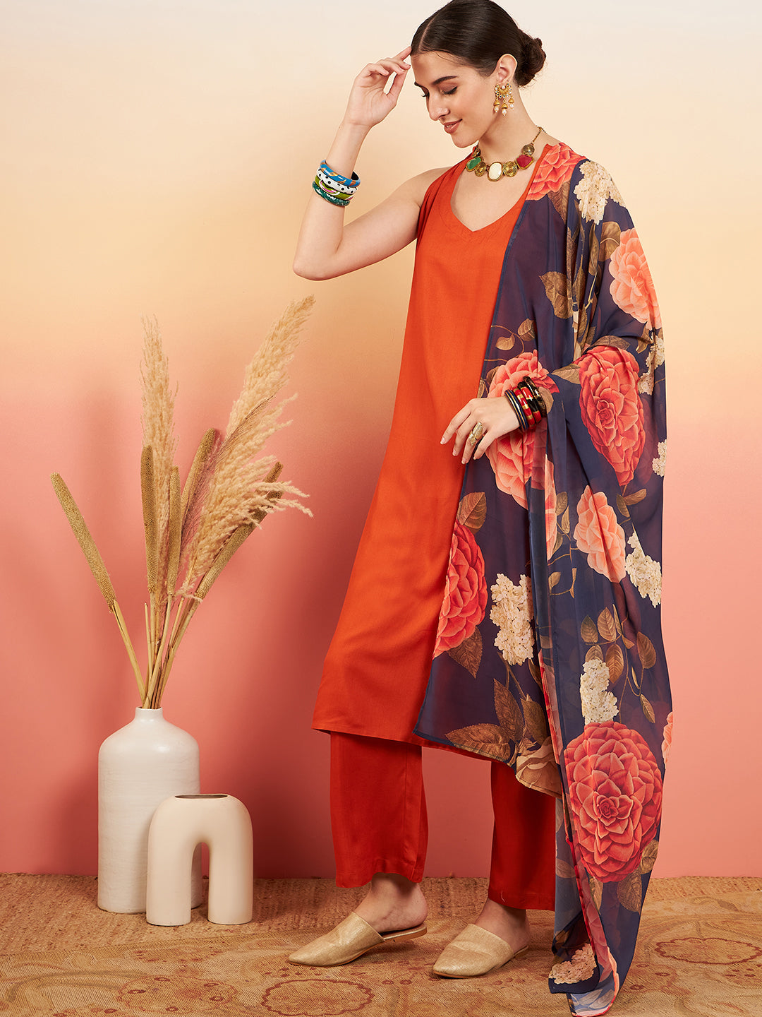 InWeave Women's Marmalade Orange Neck Patti Halter Kurta Set Navy Floral Ge Dupatta - Distacart