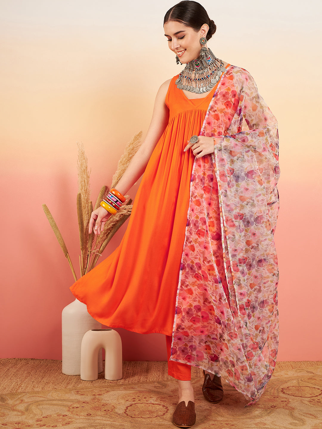 InWeave Women's Orange Sleeveless Flared Kurta Set Offwhite Multi Floral Or Dupata - Distacart