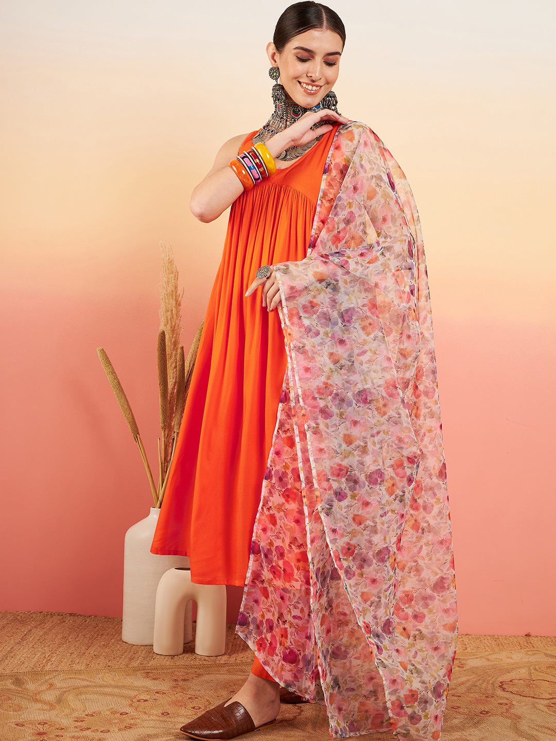 InWeave Women's Orange Sleeveless Flared Kurta Set Offwhite Multi Floral Or Dupata - Distacart
