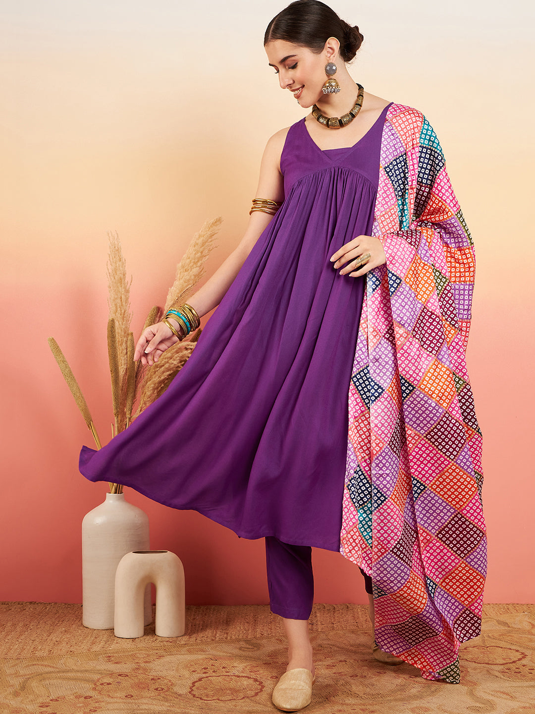 InWeave Women's Violet Sleeveless Flared Kurta Set Squar Badhani Silk Dupatta - Distacart