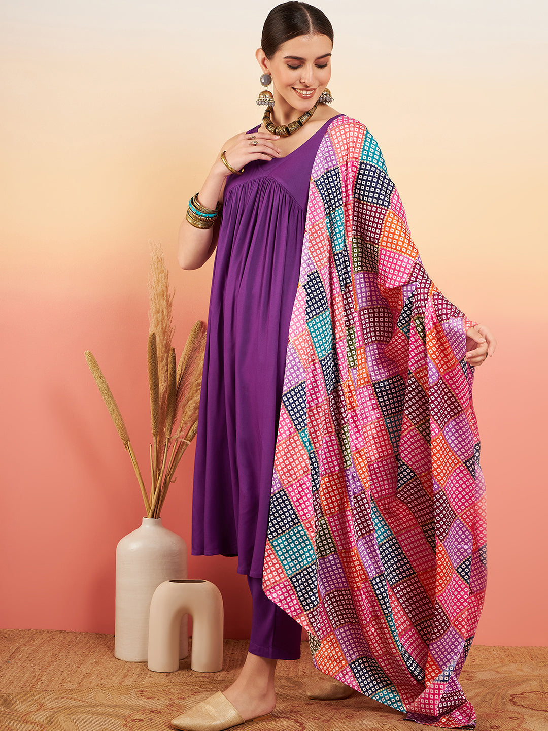 InWeave Women's Violet Sleeveless Flared Kurta Set Squar Badhani Silk Dupatta - Distacart