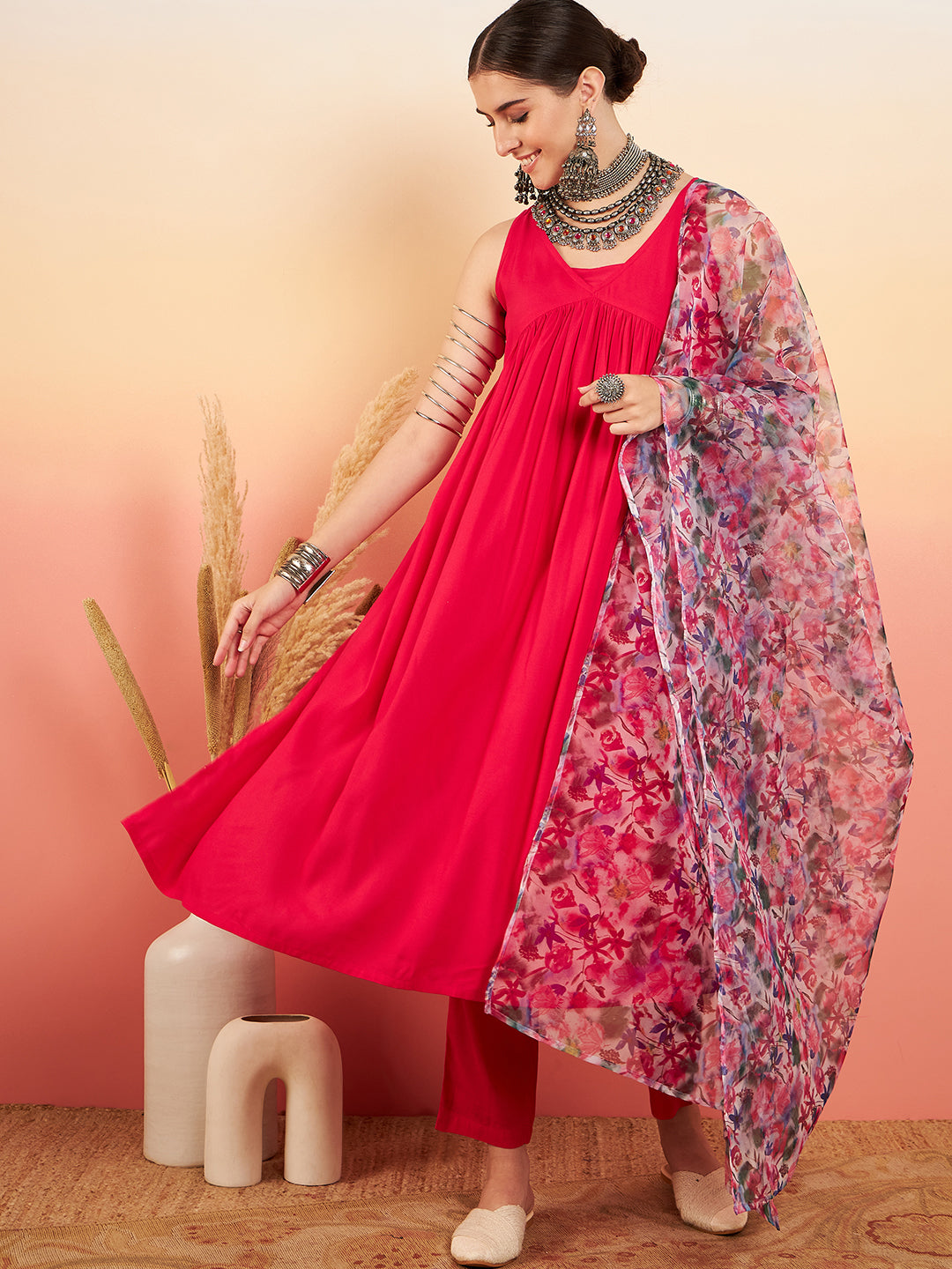 InWeave Women's Magenta Sleeveless Flared Kurta Set Blue Pink Or Dupatta - Distacart