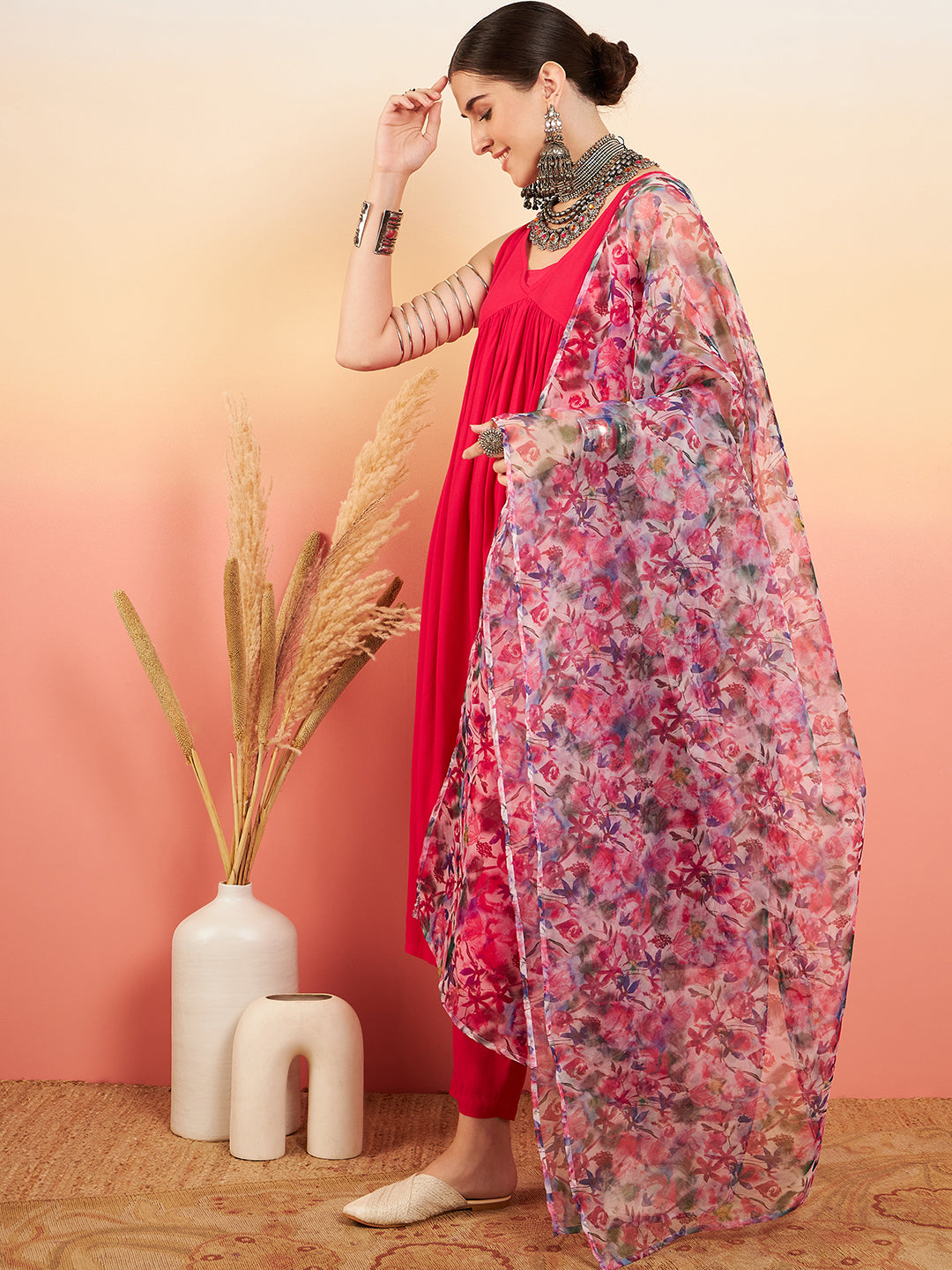 InWeave Women's Magenta Sleeveless Flared Kurta Set Blue Pink Or Dupatta - Distacart