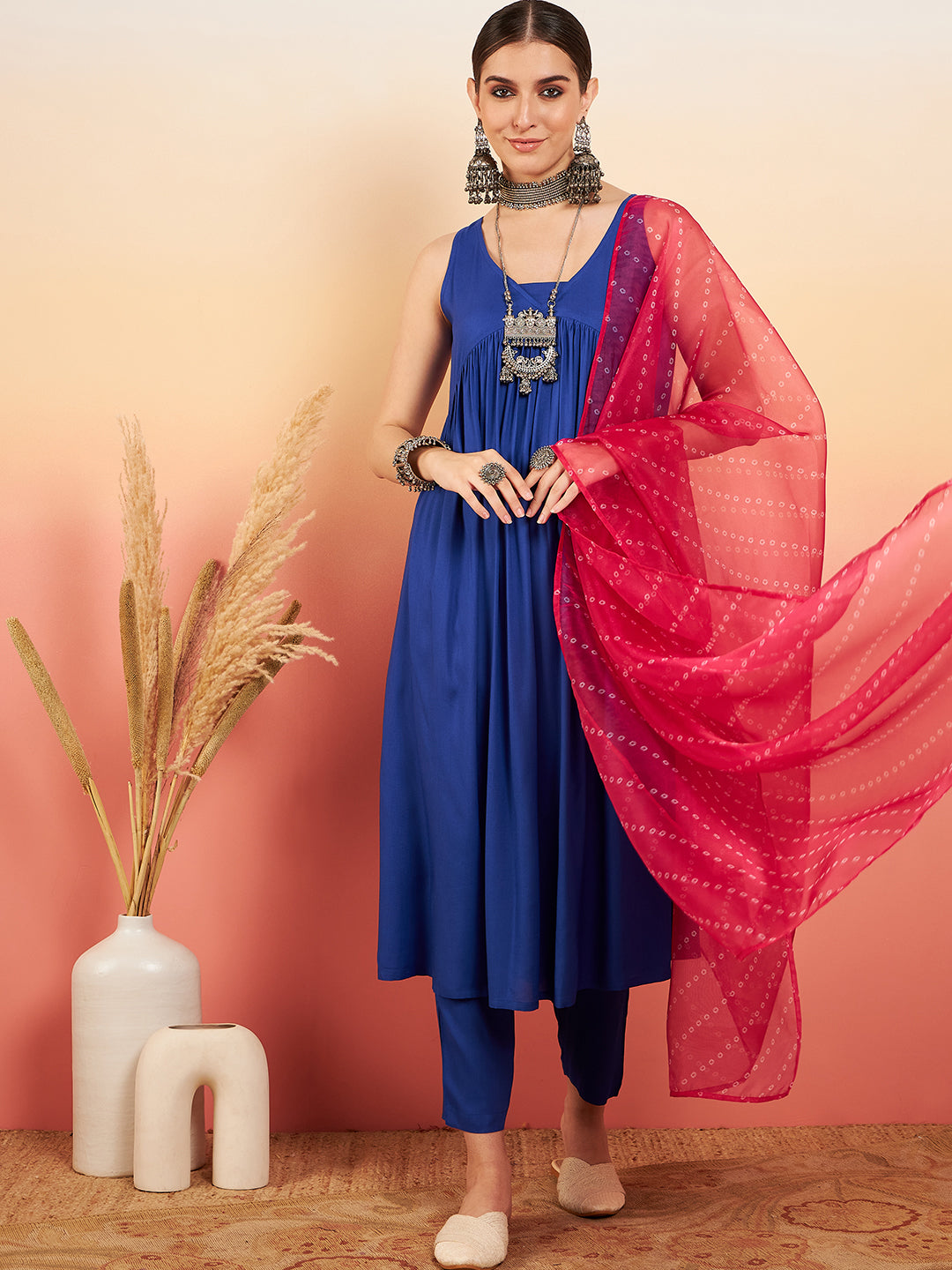 InWeave Women's Ink Blue Sleeveless Flared Kurta Set Fuschia Ba Or Dupatta - Distacart