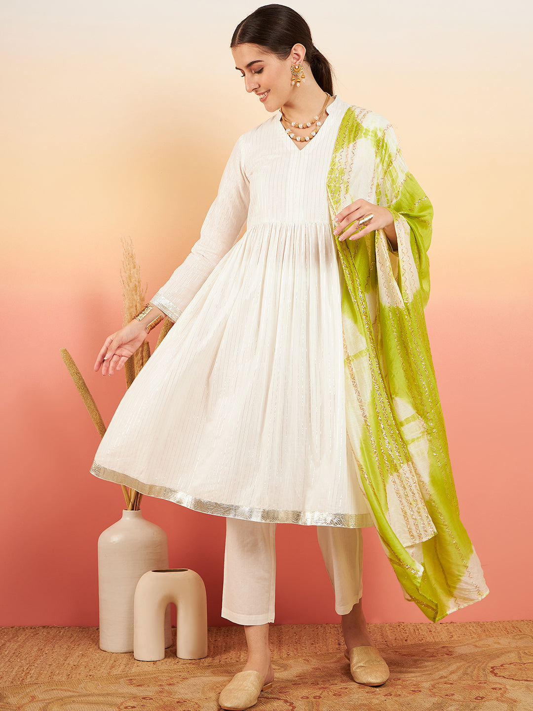 InWeave Women's White Lurex V Neck Gota Anarkali Kurta Set Lime White Lurex Dupatta - Distacart