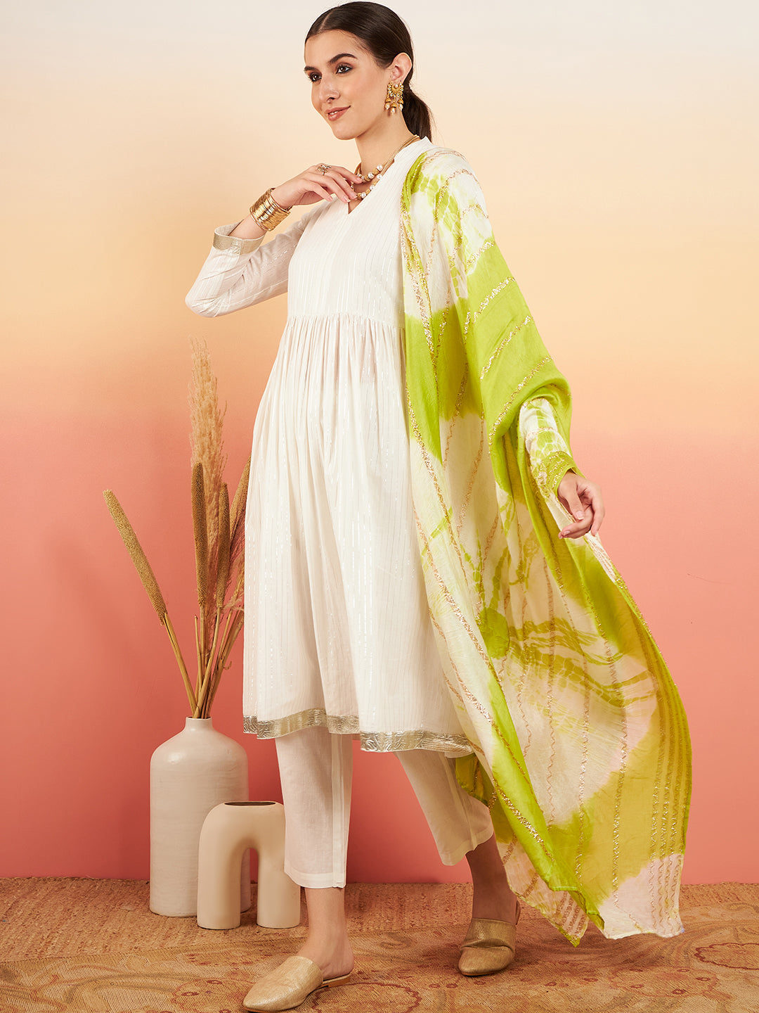 InWeave Women's White Lurex V Neck Gota Anarkali Kurta Set Lime White Lurex Dupatta - Distacart