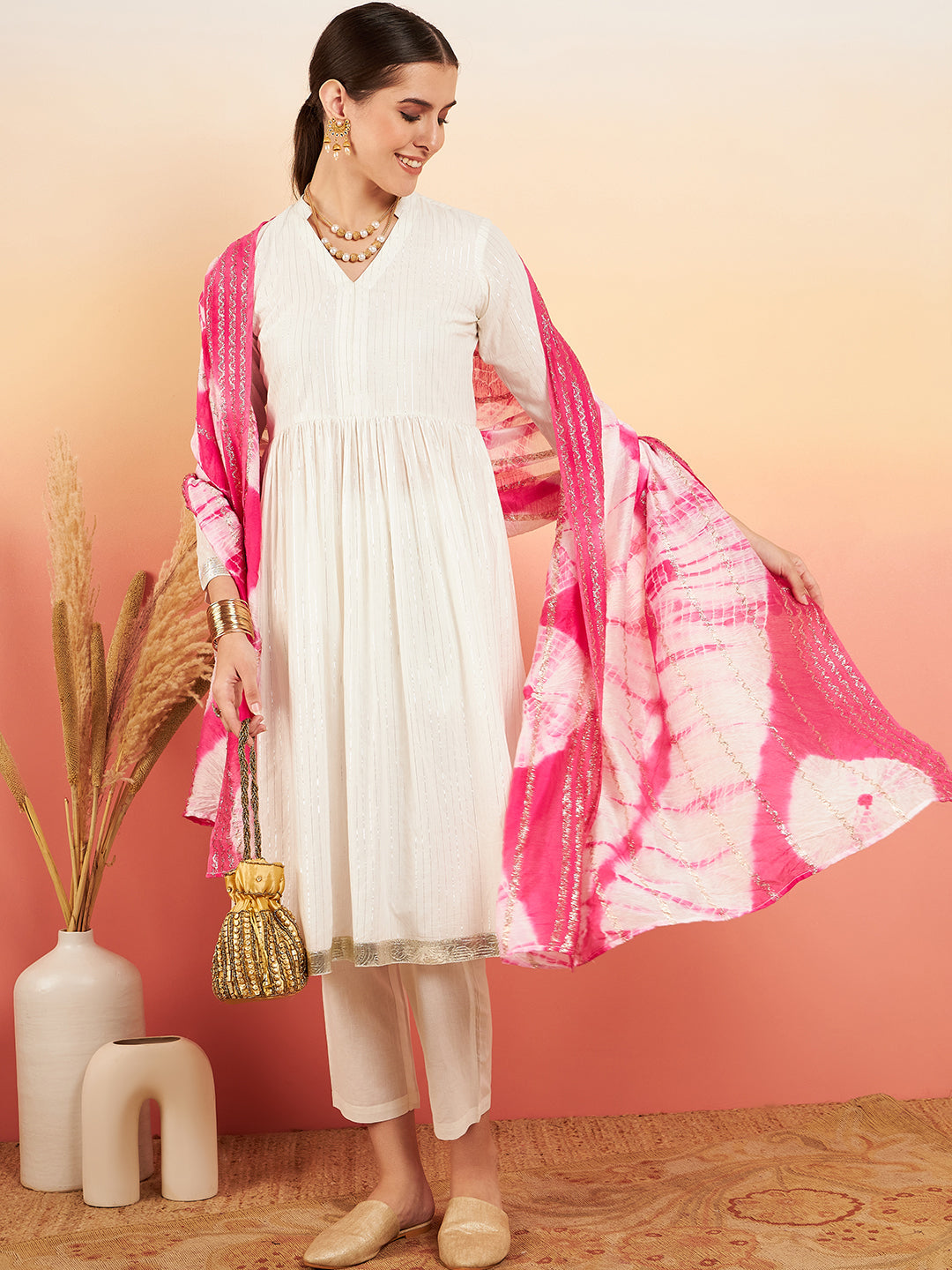 InWeave Women's White Lurex V Neck Gota Anarkali Kurta Set Magenta Lurex Dupatta - Distacart