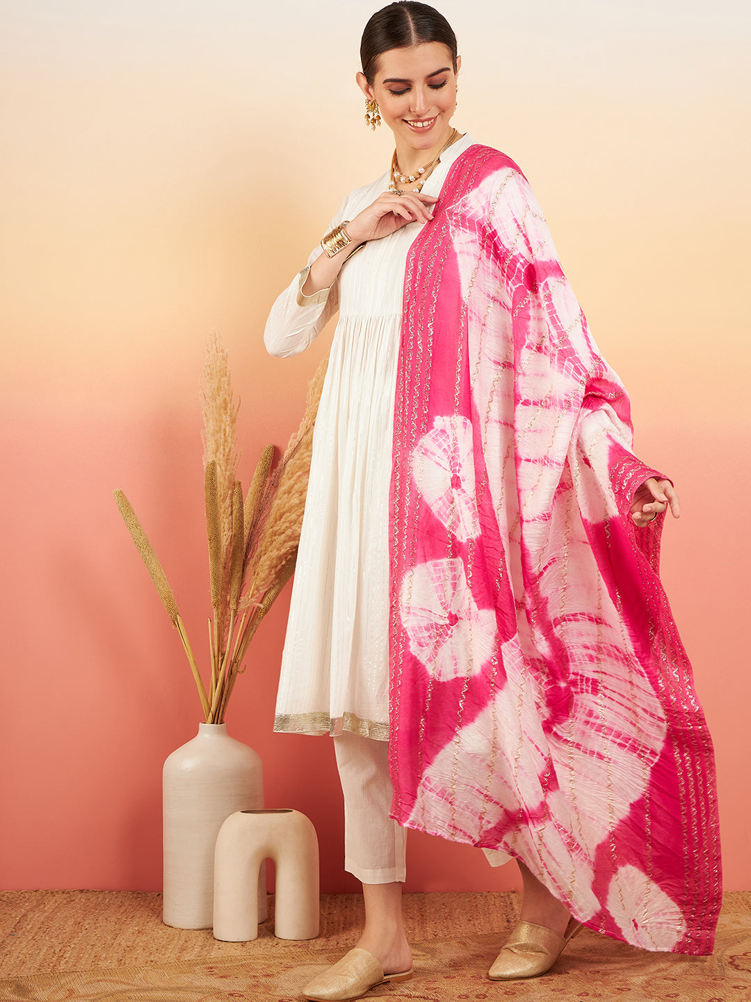 InWeave Women's White Lurex V Neck Gota Anarkali Kurta Set Magenta Lurex Dupatta - Distacart