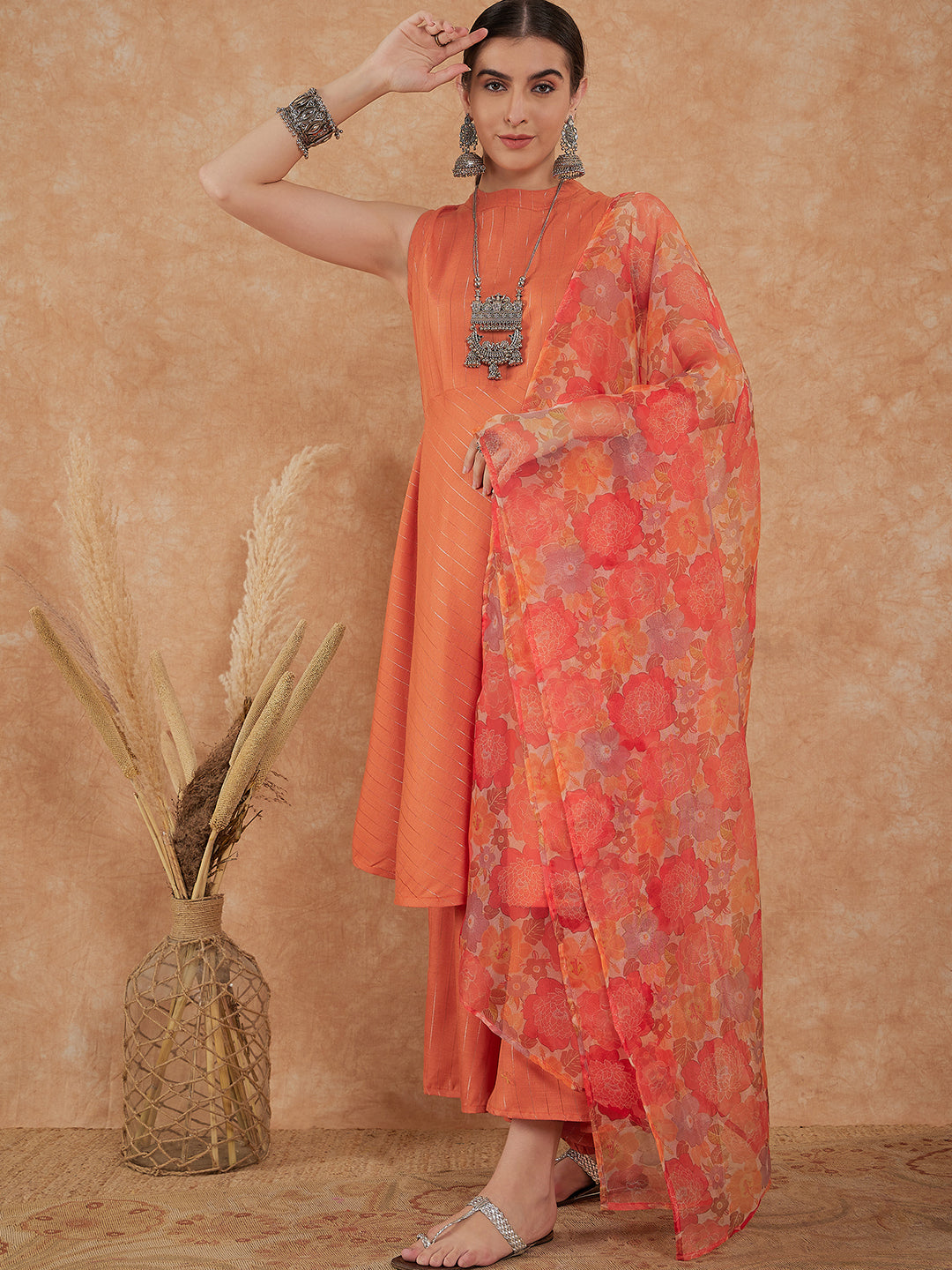 InWeave Women's Light Rust Lurex Kurta Set W Orange Big Or Dupatta - Distacart