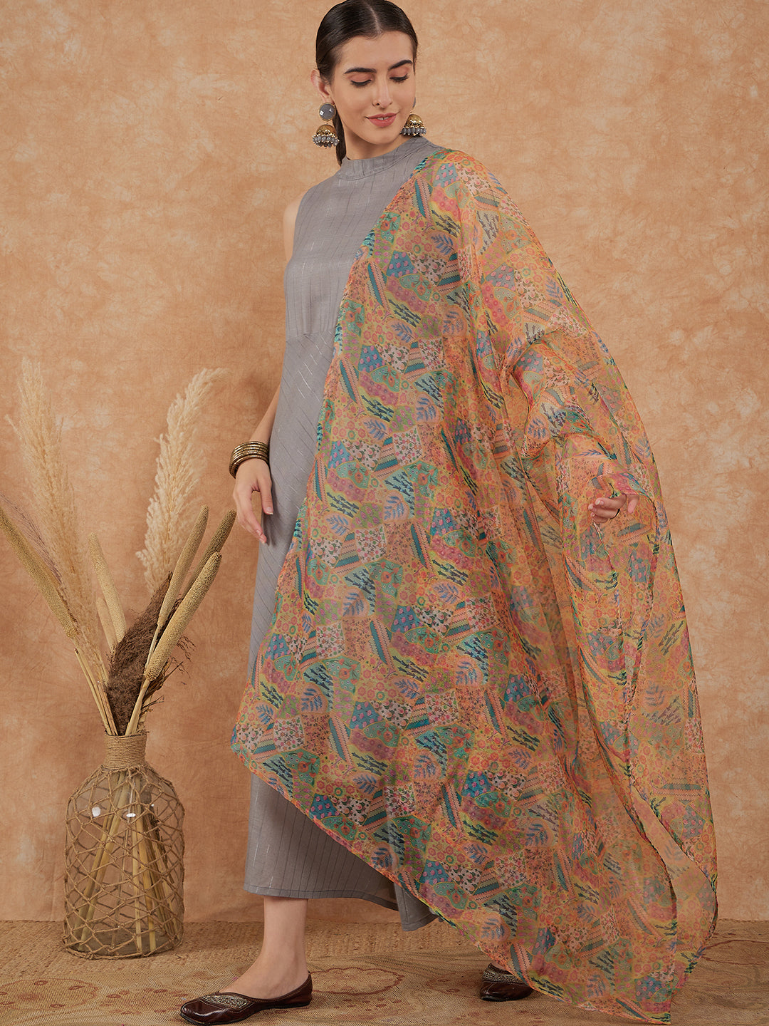 InWeave Women's Light Grey Lurex Kurta Set Multi Garden Or Dupatta - Distacart