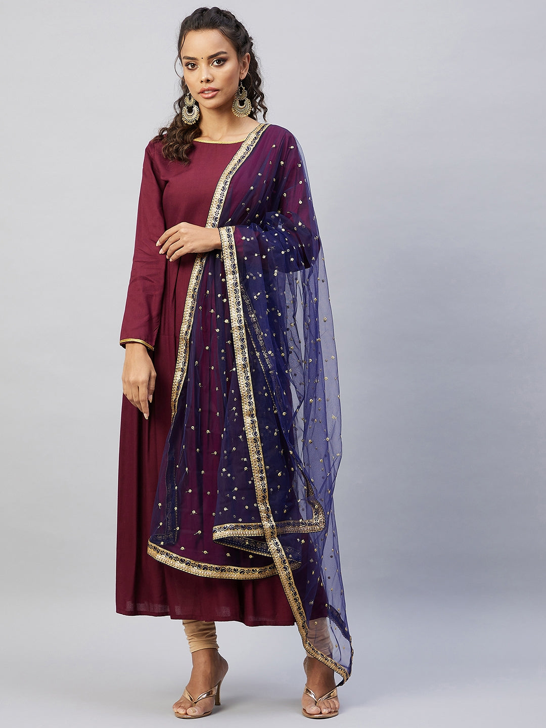 InWeave Women's Maroon Solid Long Kurta With Navy Net Dupatta - Distacart