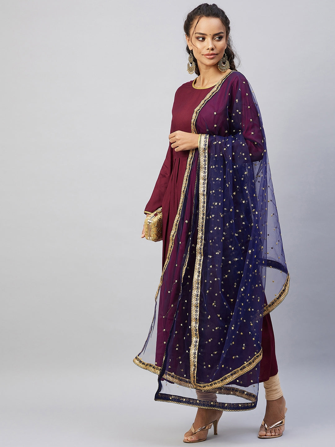 InWeave Women's Maroon Solid Long Kurta With Navy Net Dupatta - Distacart