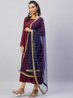 Thumbnail for InWeave Women's Maroon Solid Long Kurta With Navy Net Dupatta - Distacart