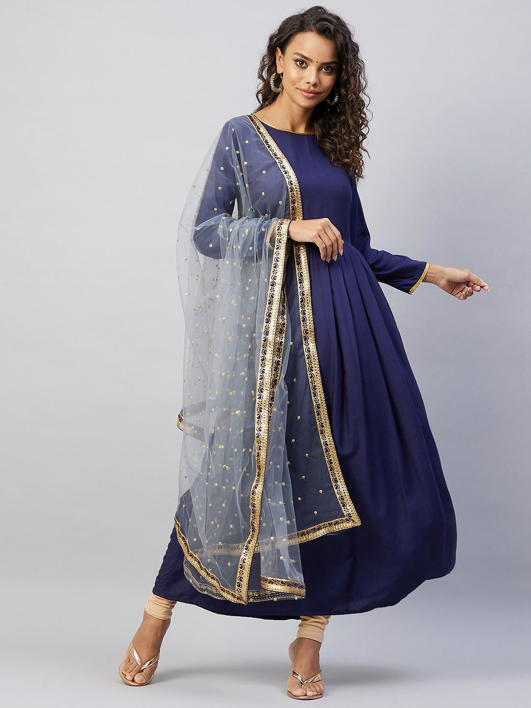 InWeave Women's Navy Solid Long Kurta With Light Blue Net Dupatta - Distacart