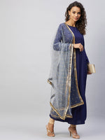 Thumbnail for InWeave Women's Navy Solid Long Kurta With Light Blue Net Dupatta - Distacart