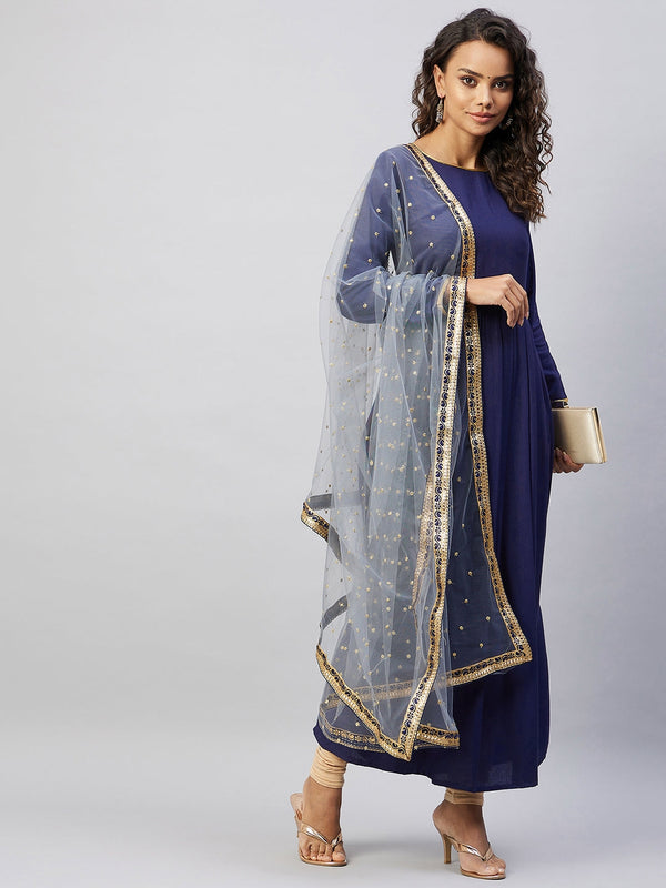 InWeave Women's Navy Solid Long Kurta With Light Blue Net Dupatta - Distacart