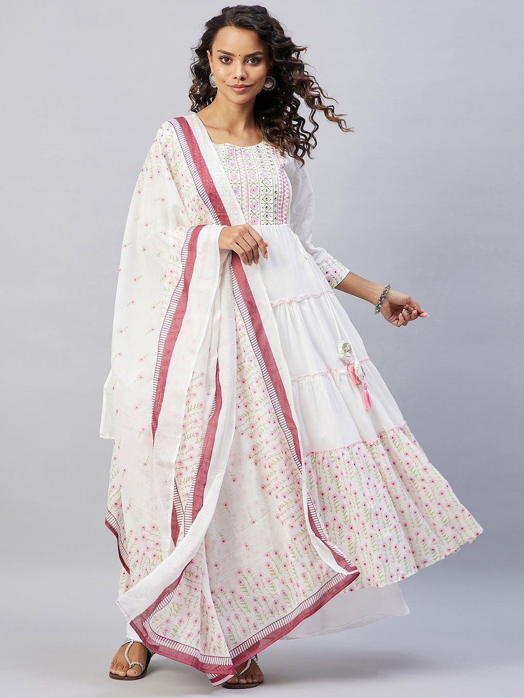 InWeave Women's Pink White Mirror Print Kurta With Dupatta - Distacart