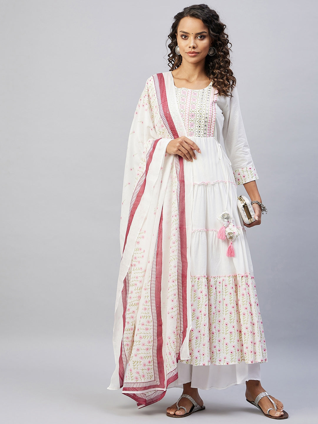 InWeave Women's Pink White Mirror Print Kurta With Dupatta - Distacart